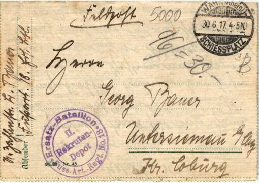 Shooting, Schiessen Warn Schiessplatz 1917 Ersatz Bataillon Fuss-Art-Gegt no.18 Feldpost n. Coburg Waffen Tiro a segno