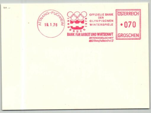 Austria, Innsbruck 1976 EMA Red Meter Attnang BAWAG Bank Arbeit Wirtschaft, Freistempel, Olympic Games – Bild 2
