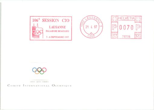 Swiss - 106 Session CIO Lausanne 1997, Offical Cover, Olympic Games  – Bild 2