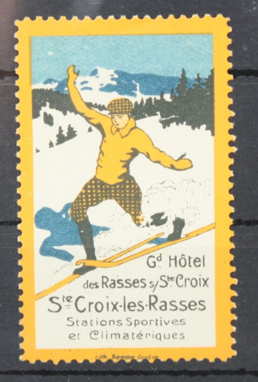 Gd. Hotel Rasses Ste Croix Ski Skiing Poster stamp cinderella Vignette Sport Reklamemarke 
