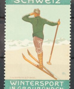 Wintersport in Graubünden Schweiz, Skiing Ski, Poster stamp cinderella Vignette Sport Reklamemarke 
