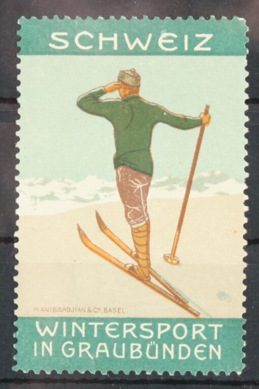 Wintersport in Graubünden Schweiz, Skiing Ski, Poster stamp cinderella Vignette Sport Reklamemarke 