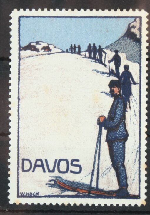 Davos, Skiing, Schneeschuh, Skitouren, Skifahren, Poster stamp cinderella Vignette Sport Reklamemarke 