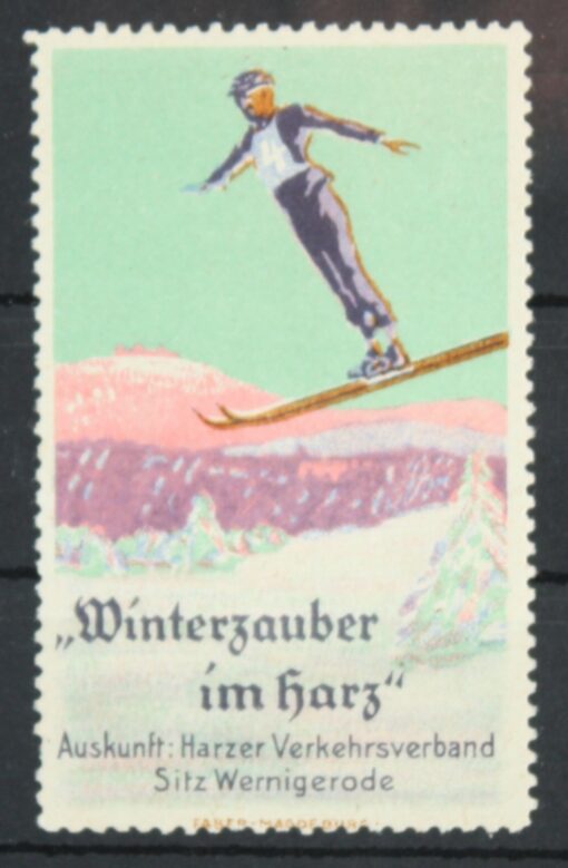 Winterzauber im Harz Germany, Skispringen Skiing, Poster stamp cinderella Vignette Sport Reklamemarke 