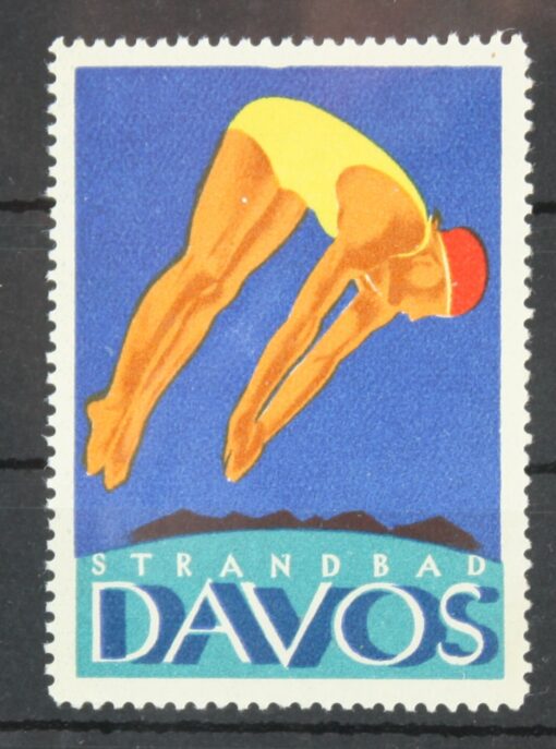 Davos Strandbahn, Swimming Schwimmen Poster stamp cinderella Vignette Sport Reklamemarke
