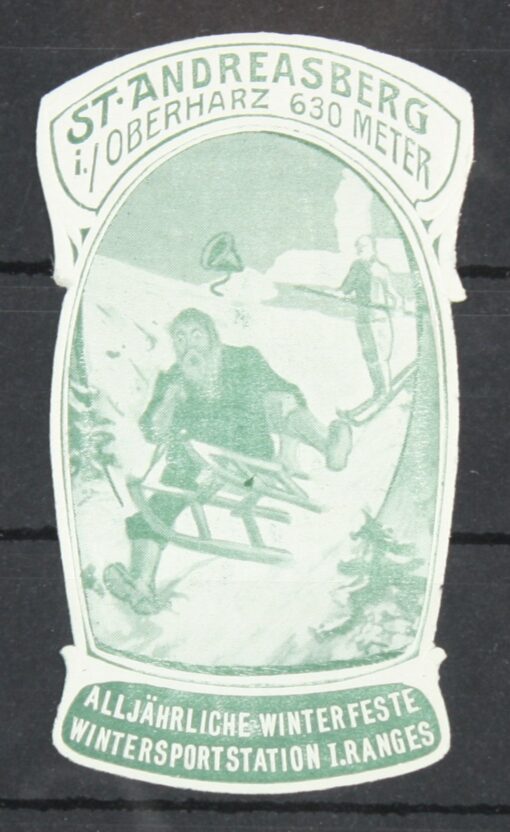 St. Andreasberg Oberharz Winterfeste Wintersportstation Rodeln Ski Poster stamp cinderella Vignette Sport Reklamemarke
