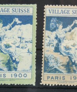 Village Suisse Paris 1900, Schweiz Expo Exposition Universelle Poster stamp cinderella Vignette Sport Reklamemarke 