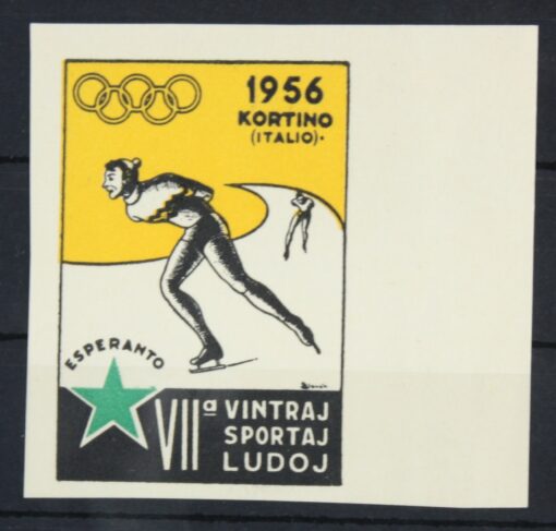 Esperanto Cortina 1956 Olympic Games Ice Skating Eisschnelllauf, Poster stamp cinderella Vignette Sport Reklamemarke 