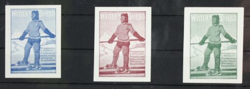 Winter in Bayern Skilaufen Skiing Poster stamp cinderella Vignette Sport Reklamemarke 