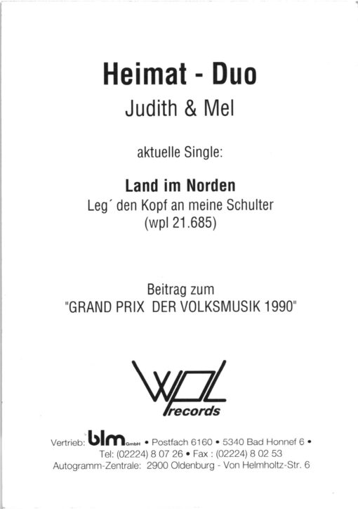 Judith und Mel Jersey () Autogramm Musiker, WPL Records, Grand Prix Volksmusik  – Bild 2