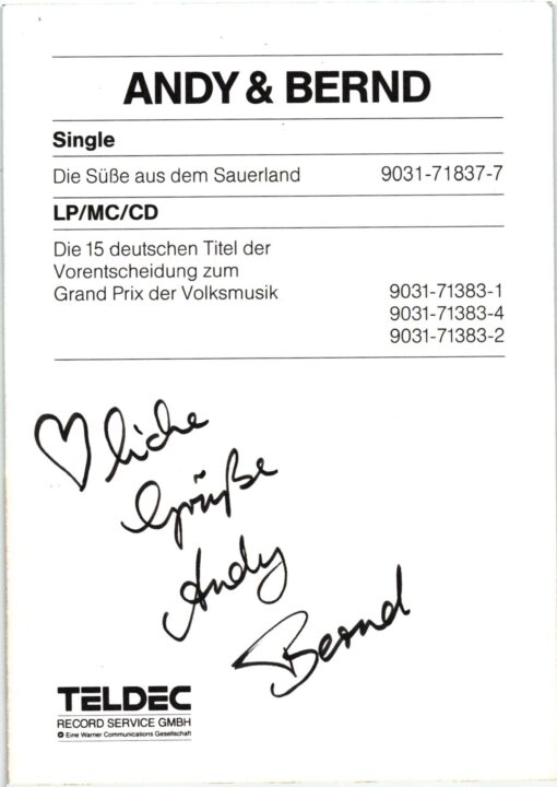 Andy & Bernd Hocewar () Autogramm Volksmusik Sauerland Grand Prix Schlager – Bild 2