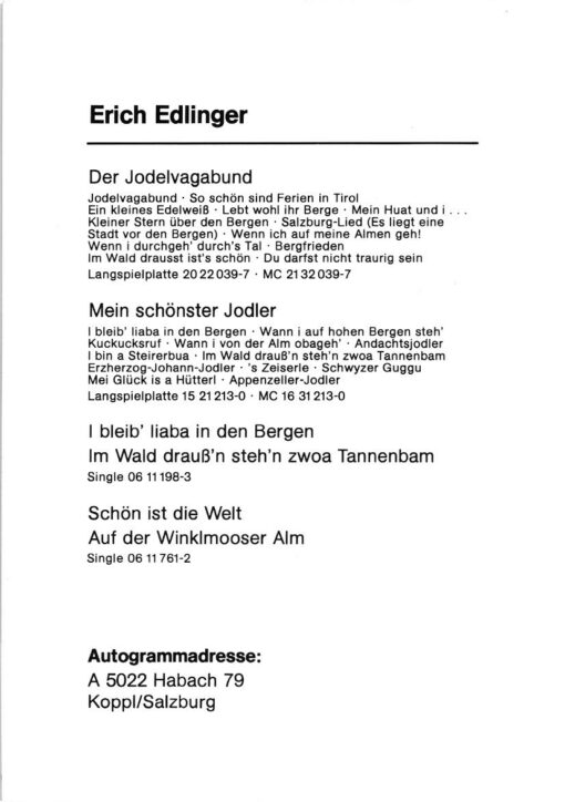 Erich Edlinger, Autogramm Musiker, Jodelvagabund Koppl – Bild 2