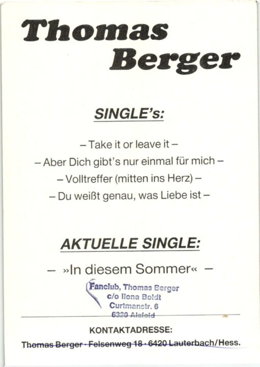 Thomas Berger (1961-) Autogramm Musiker – Bild 2