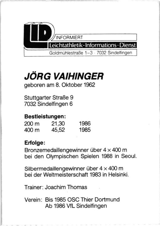 Jörg Vaihinger (1962-) Autogramm Leichtathletik, 4x400M Olympia, Weltmeisterschaft – Bild 2
