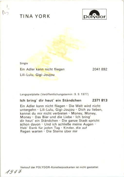 Tina York (1954-) Autogramm deutsche Schlagersängerin – Bild 2