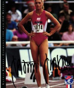 Katrin Krabbe (1969-) Autogramm deutsche Leichtathletin, Sprinterin 1991 Doppelweltmeisterin