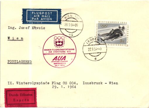 Austria - 1964 Wien Rodeln, AUA Sonderflug Eröffnung Wien-Innsbruck, Olympische Winterspiele Olympic Winter Games