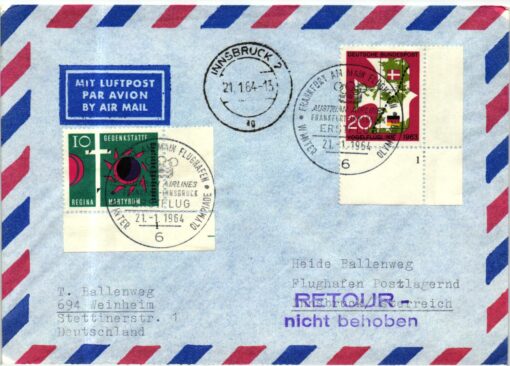 Germany- 1964 Frankfurt, Austrian Airlines Sonderflug Eröffnung Innsbruck, Olympische Winterspiele Olympic Winter Games
