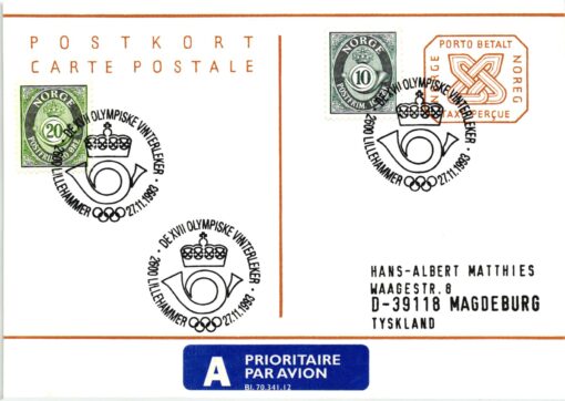 Norge Lillehammer 1994, 1993 Posthorn Krone SST Winterspiele, Olympic Winter Games