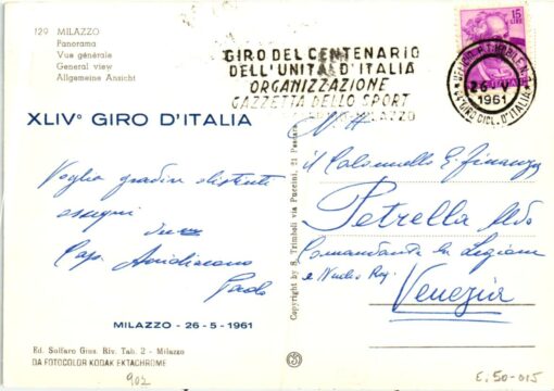 Italia Giro del Centenario Gazzetta dello Sport 1961 Milazzo Cartolina giro d'Italia Radsport