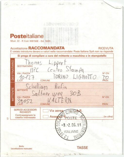 Italia, Accettazione Raccomandata Olimpiadi MPC Centro Stampa Torino Lignotto 2006 Olympic MPC