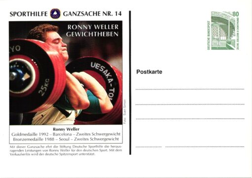 Germany, Sporthilfe Ganzsache Nr. 14 Ronny Weller Gewichtheben Gold 1992 Bronze 1988