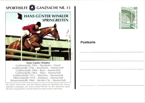Germany, Sporthilfe Ganzsache Nr. 13 Hans Günter Winkler Springreiten Olympia Gold 1956, 1960, 1964, 1972 