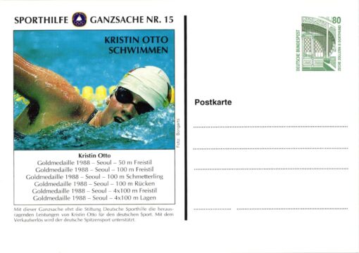 Germany, Sporthilfe Ganzsache Nr 15 Kristin Otto Schwimmen Gold Olympia 1988