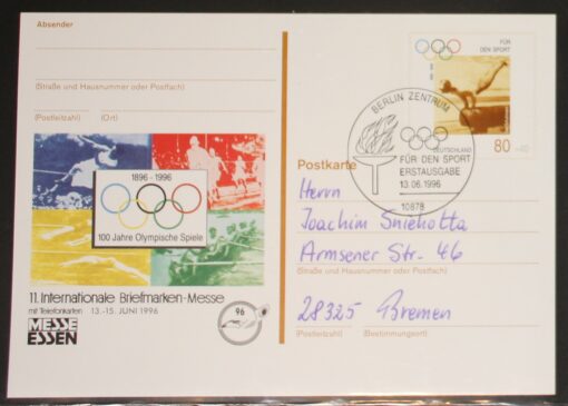 Deutschland PSo 42 Olympische Spiele Carl Schuhmann Gymnastik 1996 Briefmarken Messe Essen 1996 SST Berlin Für den Sport Erstausgabe