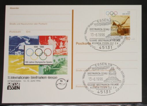 Deutschland PSo 42 Olympische Spiele Carl Schuhmann Gymnastik 1996 Briefmarken Messe Essen 1996 SST Essen 60 Jahre Fahrt LZ 127