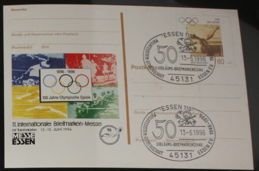 Deutschland PSo 42 Olympische Spiele Carl Schuhmann Gymnastik 1996 Briefmarken Messe Essen 1996 SST Essen 50 Jahre Briefmarkenschau