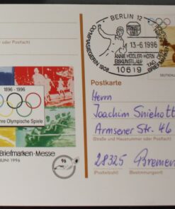 Deutschland PSo 42 Olympische Spiele Carl Schuhmann Gymnastik 1996 Briefmarken Messe Essen 1996 SST Berlin Annie Hübler Horn Eiskunstlauf Olympiasiegerin 1908