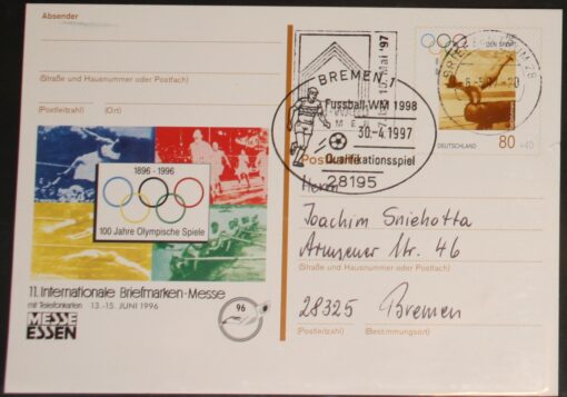 Deutschland PSo 42 Olympische Spiele Carl Schuhmann Gymnastik 1996 Briefmarken Messe Essen 1996 SST Bremen Fußball WM 1998 Qualifikationsspiel