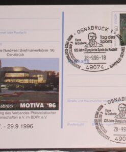Deutschland PSo 43 Paula Modersohn-Becker 1996 Osnabrück Motiva '96 SST Osnabrück Pierre de Coubertin Olympische Spiele Sport