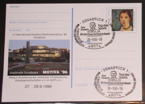 Deutschland PSo 43 Paula Modersohn-Becker 1996 Osnabrück Motiva '96 SST Osnabrück Pierre de Coubertin Olympische Spiele Sport
