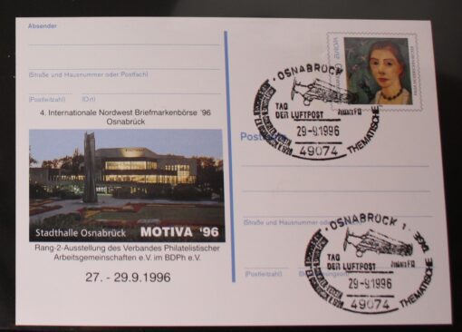 Deutschland PSo 43 Paula Modersohn-Becker 1996 Osnabrück Motiva '96 SST Osnabrück Kunkers F13 Tag der Luftpost