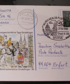 Deutschland PSo 44 Paula Modersohn-Becker 1996 Sindelfingen '96 SST München Flughafen LH 9505 München Erfurt Dash 8-100 Boing