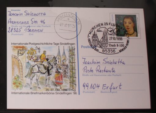 Deutschland PSo 44 Paula Modersohn-Becker 1996 Sindelfingen '96 SST München Flughafen LH 9505 München Erfurt Dash 8-100 Boing