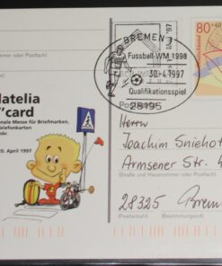 Deutschland PSo 45 Für den Sport 1997 Philatelia mit T'Card SST Bremen Fußball WM 1998 Qualifikationsspiel