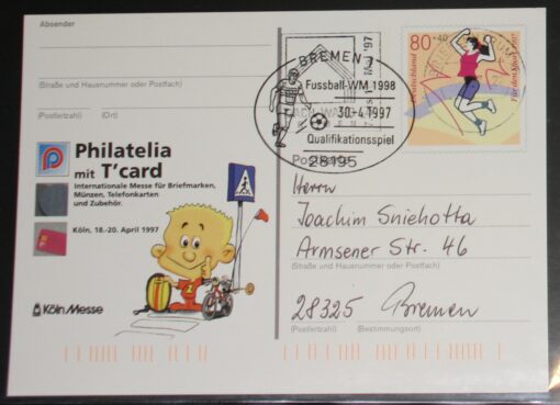 Deutschland PSo 45 Für den Sport 1997 Philatelia mit T'Card SST Bremen Fußball WM 1998 Qualifikationsspiel
