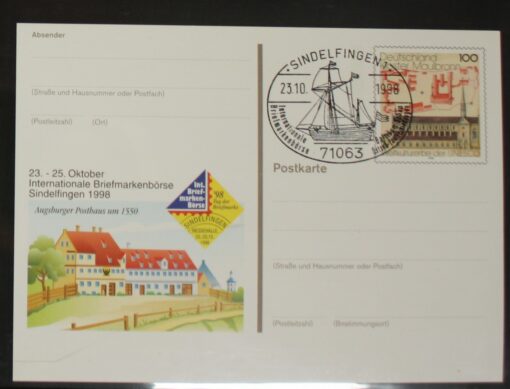 Deutschland PSo 55 Kloster Maulbronn 1998 Augsburger Poshaus 1550 SST Sindelfingen Baltikum Ostsee Postverbindung Segelschiff