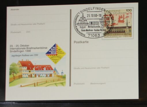 Deutschland PSo 55 Kloster Maulbronn 1998 Augsburger Poshaus 1550 SST Sindelfingen UNESCO Kloser Maulbronn Würzburg