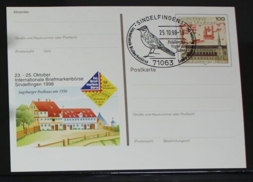 Deutschland PSo 55 Kloster Maulbronn 1998 Augsburger Poshaus 1550 SST Sindelfingen Feldlerche Vogel des Jahres