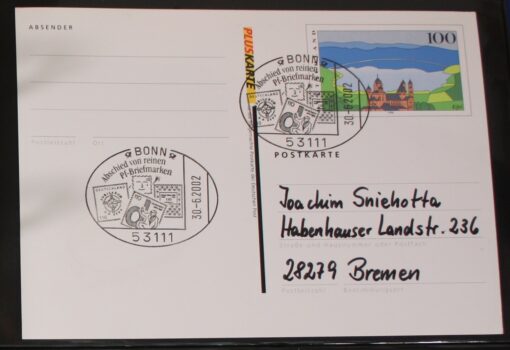 Deutschland PSo 60 Eifel 1996 Pluskarte SST Bonn Abschied von Pf. Briefmarken 2002
