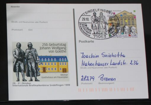 Deutschland PSo 62 Weimar 1999 Geburtstag Goethe SST Sindelfingen Goethe Schiller