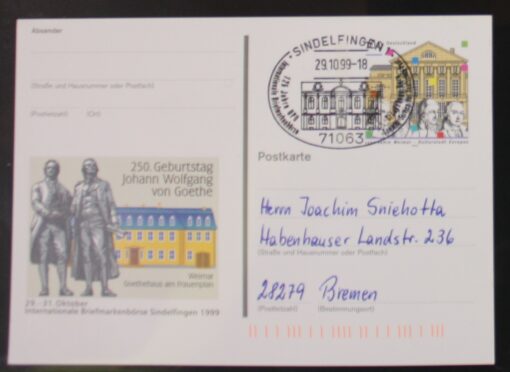 Deutschland PSo 62 Weimar 1999 Geburtstag Goethe SST Sindelfingen 125 Jahre UPU