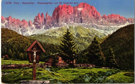 St. Cyprian im Tiersertal mit Rosengarten Dolomiten Tirol; Photoglob Zürich; Südtirol