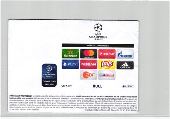 Ticket Fußball Champions League FC Bayern München Paris Saint Germain 2017 Eintrittskarte – Bild 2