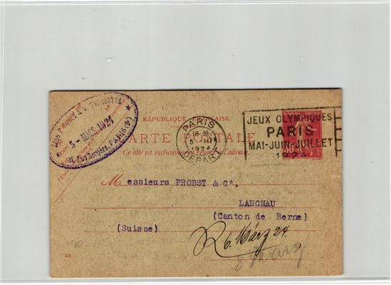 France, Paris 1924,Paris Depart 05.03.1924 CP to Swiss, Olympic Games, Olympia, JO
