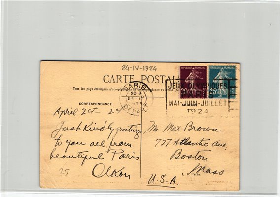 France, Paris 1924,Paris Depart 24.04.1924 CP to USA, Olympic Games, Olympia, JO